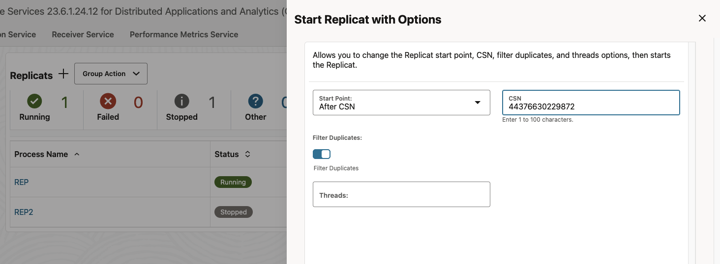 Start replicat with options