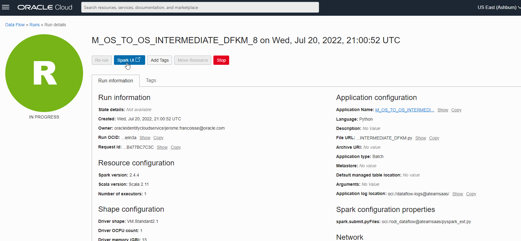 OCI Data Flow Run Details picture