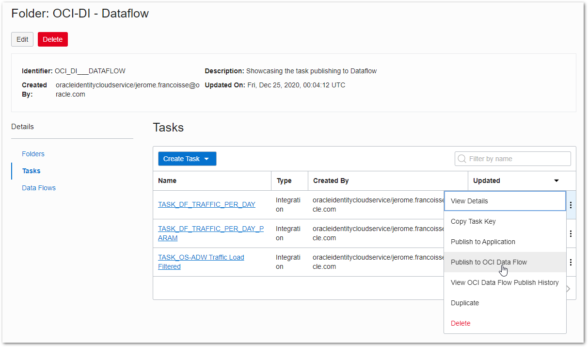 Figure 3: Menu item to publish a task to OCI Data Flow