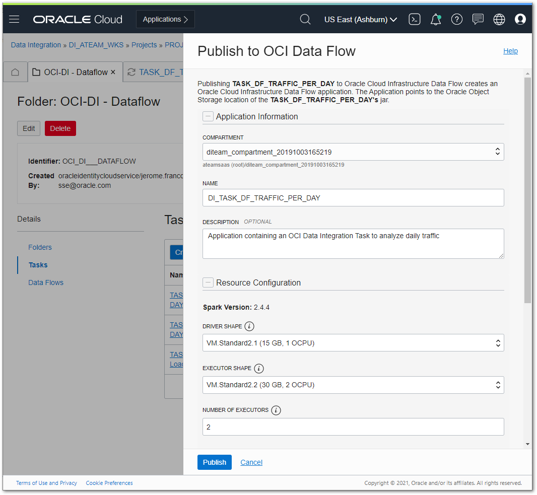Figure 4: Configuring the OCI Data Flow application: compartment, application name, Spark driver and executor shapes, and so on.