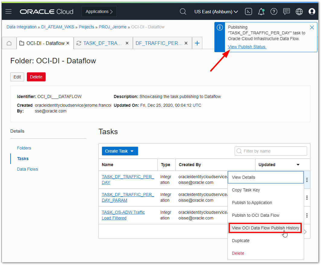 Figure 6: Publish notification and History menu item