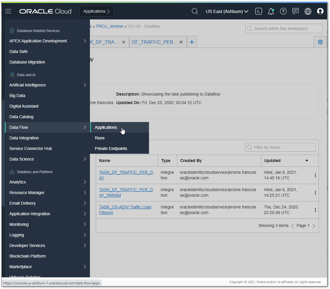 Figure 8: Navigating to OCI Data Flow