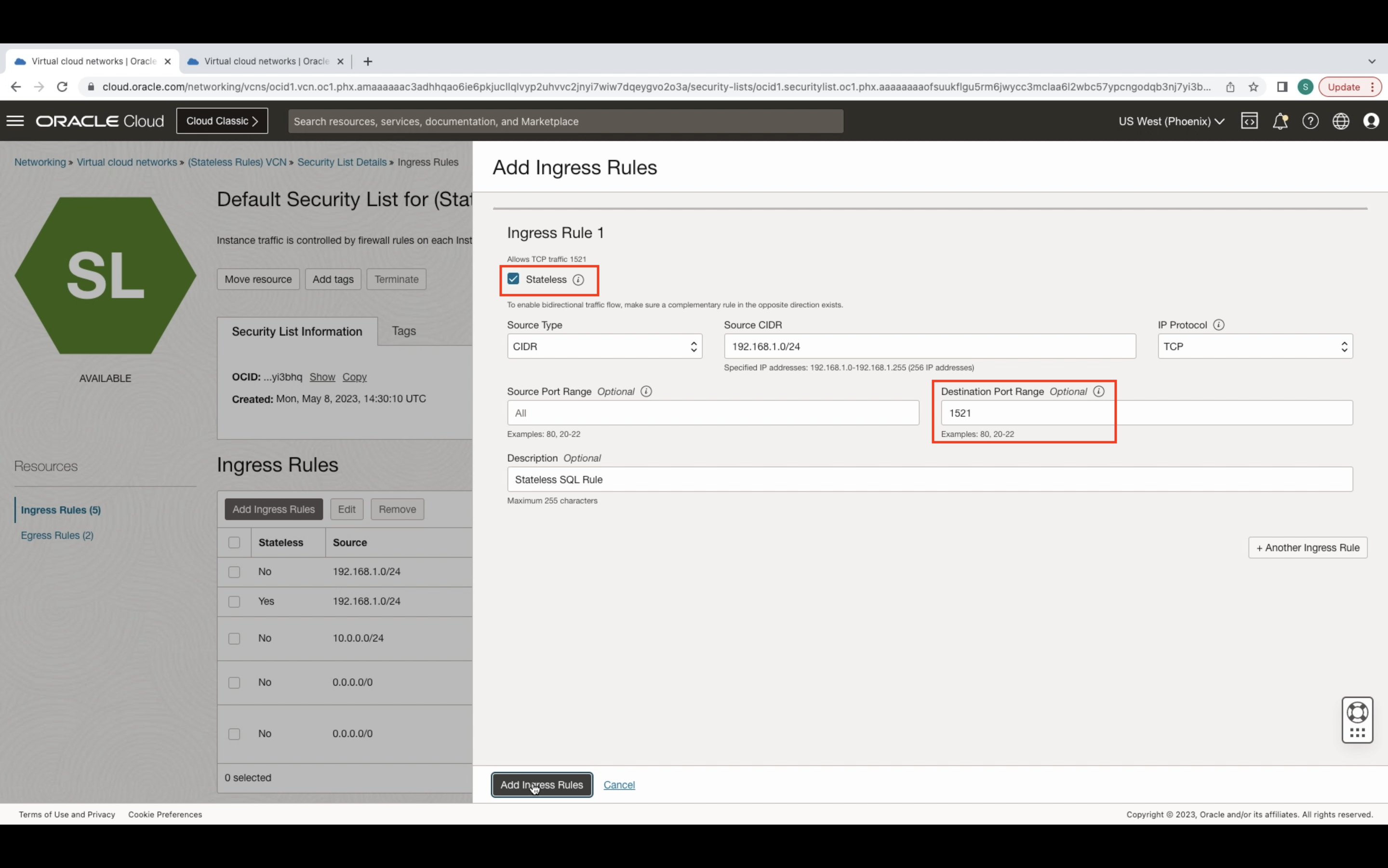 Creating stateless ingress rule