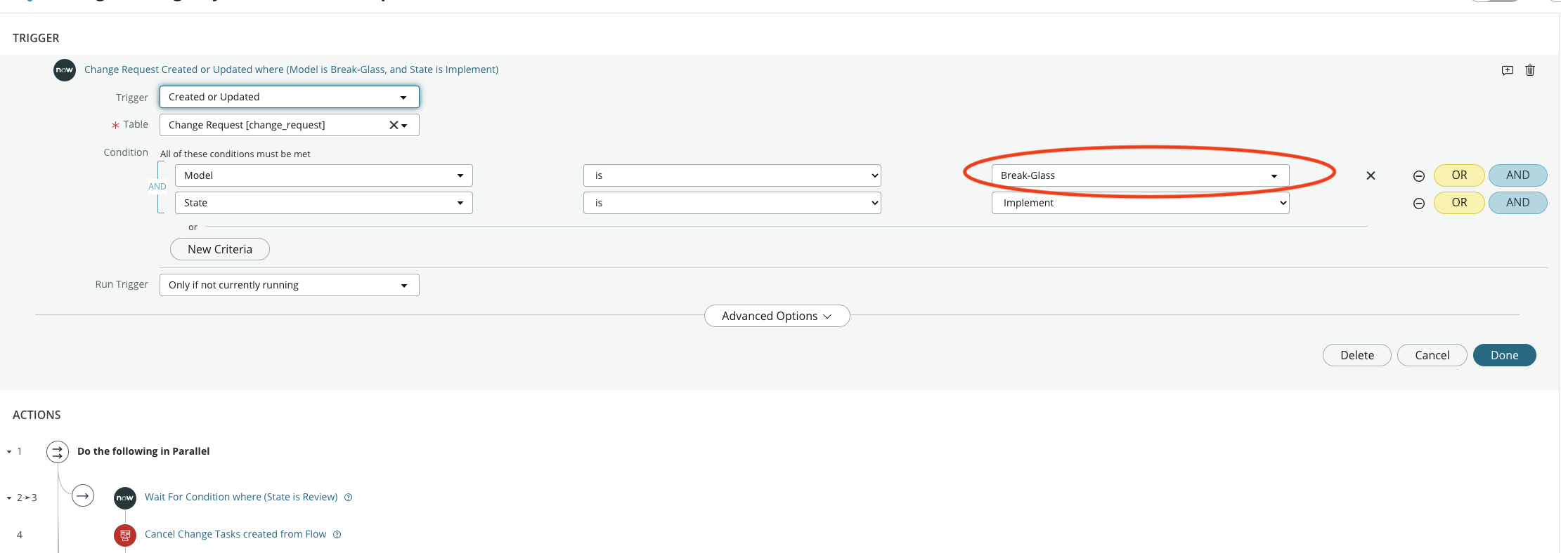 Set Flow trigger to trigger on a Break-Glass change model