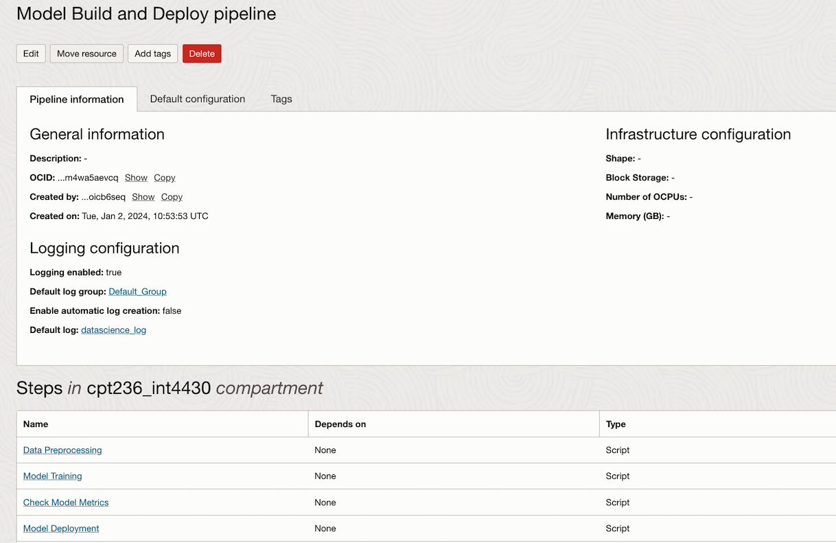 Pipeline Information and steps within the pipeline in OCI Console.