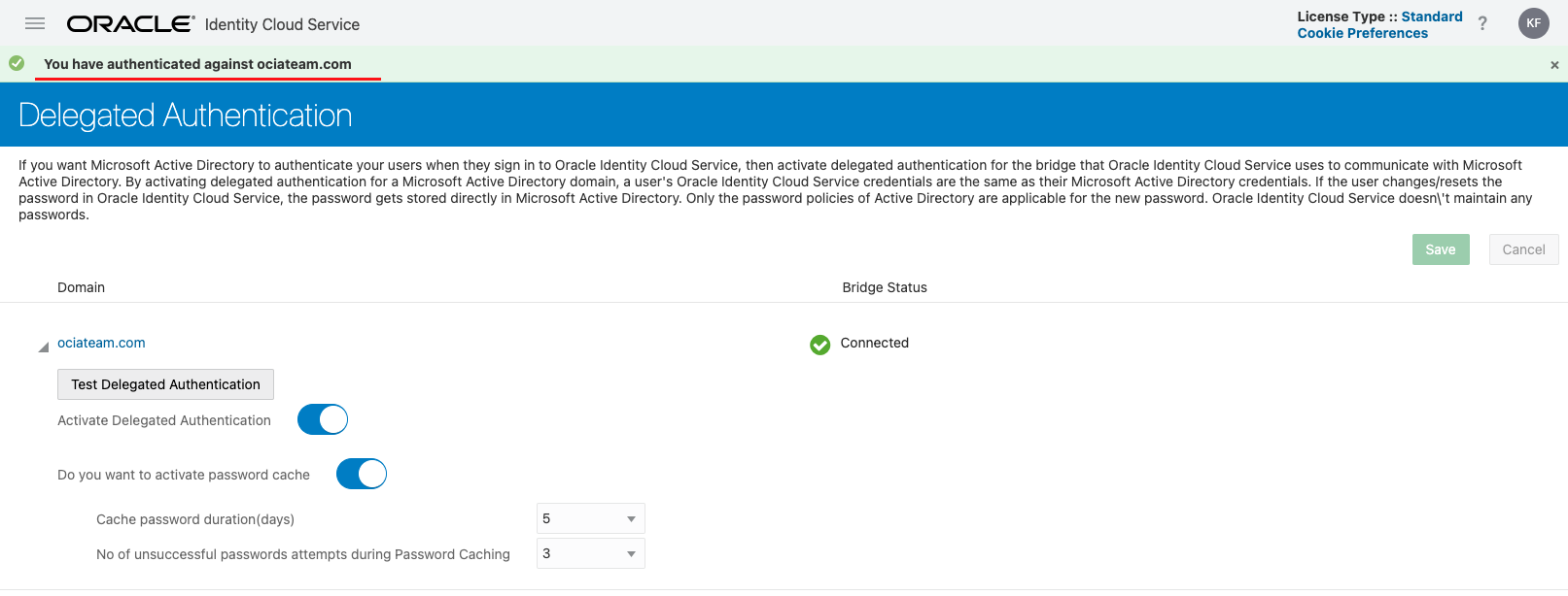 Successful Delegated Authentication Login