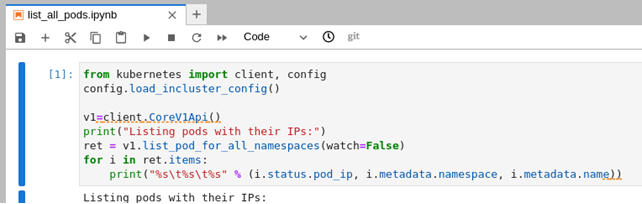 list pods code in notebook cell