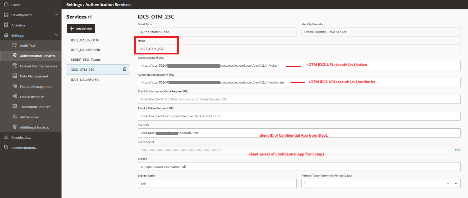Step2 - Fusion ODA Auth Service settings